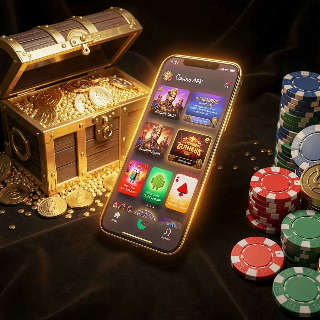 Glowing smartphone displaying the BGD666 Casino APK app with Android-style layout, surrounded by a treasure chest, chips, and coins in a luxury 3D render