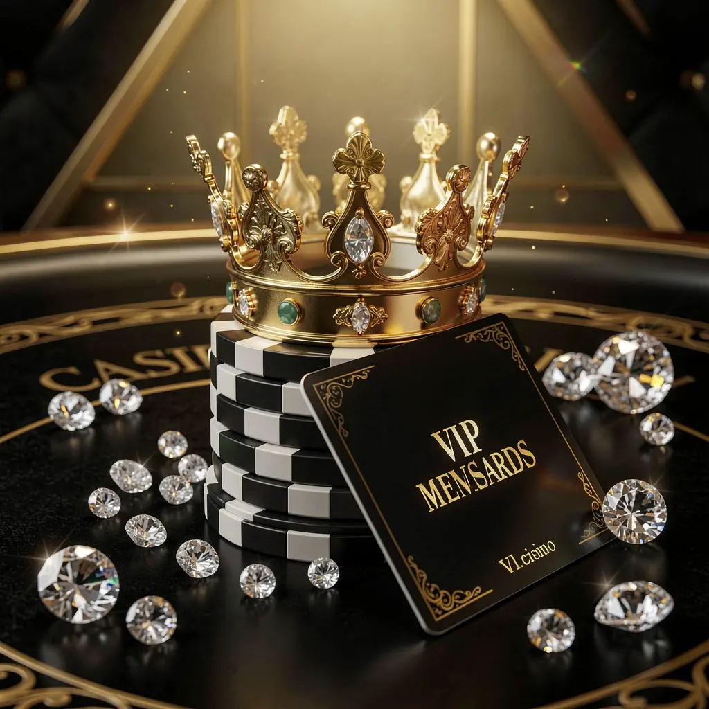 Elegant golden crown atop poker chips with sparkling diamonds and a premium membership card, set against a luxury black and gold background, showcasing BGD666's exclusive high-end casino VIP rewards in a soft golden glow