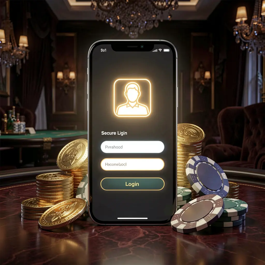 BGD666 online casino login page hero banner featuring a modern smartphone with a secure login screen, glowing user profile icon, golden coins and poker chips against a dark luxury background