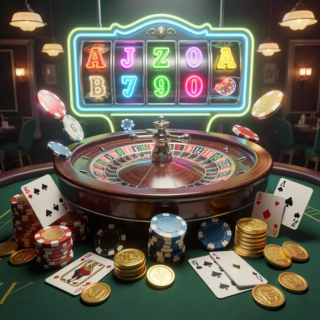 BGD666 casino homepage visual featuring a realistic 3D render of a roulette wheel, poker chips, playing cards, golden coins, and jackpot lights with a bright neon glow in a dynamic composition