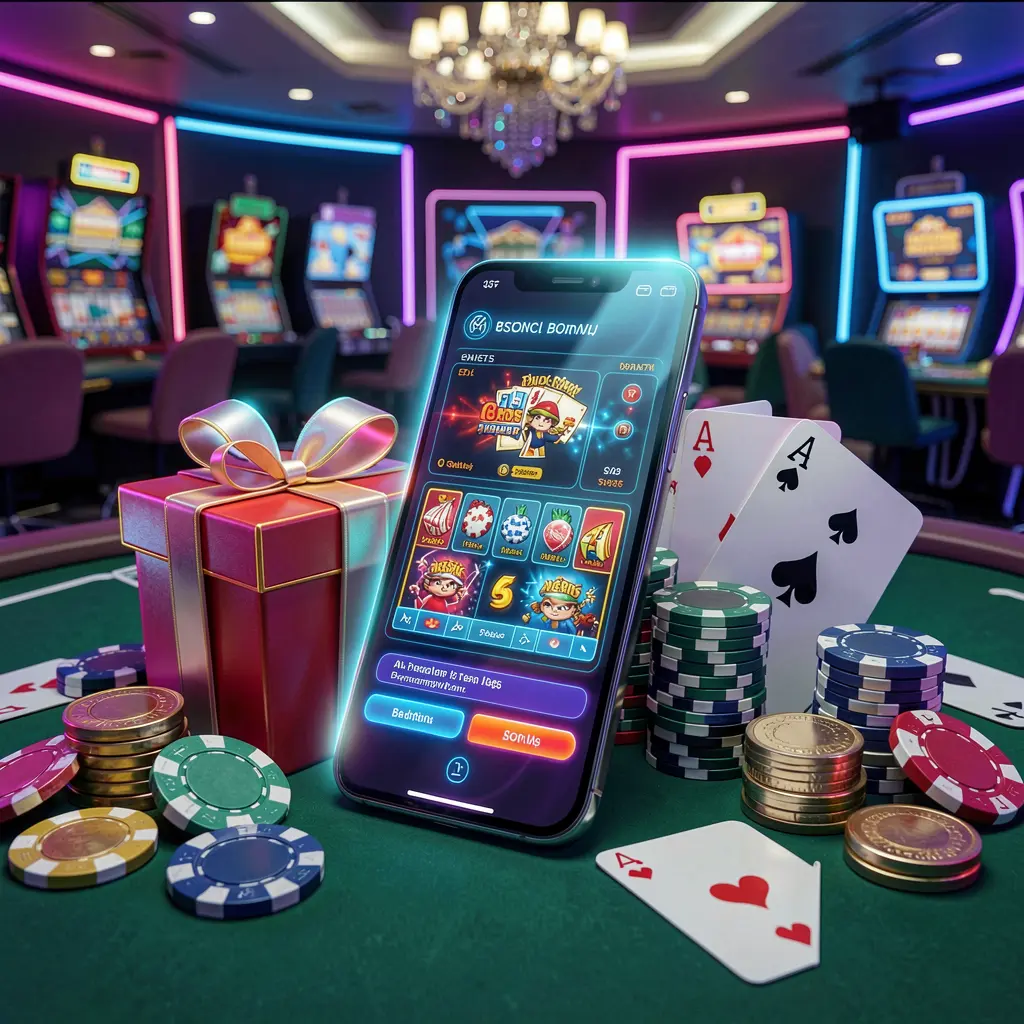 Modern casino website hero scene featuring a smartphone with a glowing interface surrounded by bonus gift box, chips, coins, and playing cards in premium neon casino style, showcasing BGD666's responsible gaming theme